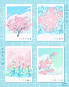 four photos with pink and blue flowers on them, one has a tree in the middle