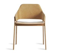 the back side of a wooden chair with white fabric seat pad and armrests