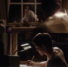 two pictures of a man writing in front of a desk with a lamp on it