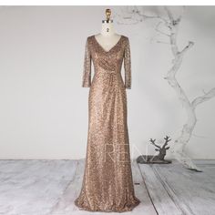 Party Dress Bronze Sequin Dress Ruched V Neck Bridesmaid Dress Long