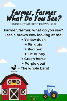 a farm poster with the words farmer, farmer, what do you see?