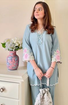 Comment for price related enquiries. Indian Dress Up, Girls Designer Dresses, Ladies Suit, Simple Frocks, Embroidered Kurti, Boutique Suits, Beautiful Casual Dresses, Cord Set, Summer Suit