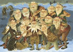 there are many dwarfs standing together in the snow