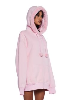 This pullover hoodie has a soft French terry knit construction, kangaroo front pockets, an attached hood with a faux fur trim and pom pom drawstring, and a front zipper closure. Winter Pink Sweater With Drawstring Hood, Pink Hoodie With Drawstring Hood, Cozy Pink Hoodie With Drawstring Hood, Cozy Pink Hoodie With Pockets, Pink Drawstring Hooded Sweatshirt, Halloween Costume Boots, Costume Boots, Booties Outfit, Free Shoes