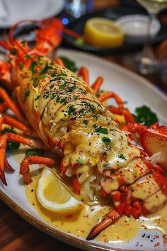 lobster with lemon sauce and carrots on a white plate