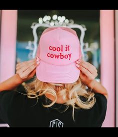 Super adorable trucker style hat !!  Perfect fit and Adjustable back ! These are a must have   Orders your today !! Cool It Cowboy, Bachelorette Party Accessories, Funny Trucker Hat, Pink Trucker Hat, Trucker Humor, Nashville Bachelorette Party, Mom Hats, Trendy Hat, Hat Design