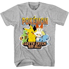 a gray pokemon t - shirt with an image of pikachu and other pokemon characters