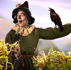 a scarecrow holding a bird on his arm