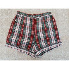 "Amazing 50s Plaid Shorts w/ Cinches- 6/8 Pristine pair of 1950s high waisted shorts with two cinches in the back! I also love the buttons and cut on the front pockets. Classic to certain styles of 50s western side zips! Front metal closure. No flaws to note. Beautiful condition! Size: 6/8 Waist: 14\" Rise: 14.75\" Hip: up to 21\" Inseam: 2.5\"" Vintage Shorts With Short Inseam For Summer, Retro Fitted Short Bottoms, Vintage High Waist Fitted Shorts, Vintage Fitted High Waist Shorts, Fitted Vintage High Waist Shorts, Retro High-waist Bottoms With Built-in Shorts, Retro High Waist Bottoms With Built-in Shorts, Fitted High Waist Vintage Shorts, Vintage Fitted Shorts With Short Inseam