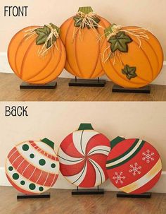 three pumpkins are sitting on top of each other, and one is decorated with an ornament