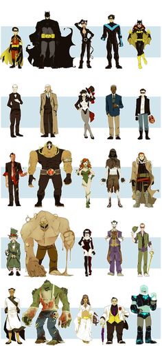 an image of some cartoon characters in different poses and sizes, all with their own costumes