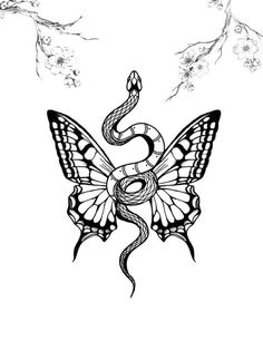 a snake and butterfly tattoo design on a white background