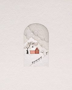 an illustration of a house in the snow with trees and fence around it, as seen through a window