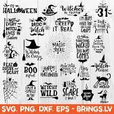 halloween svg bundle with words and pumpkins, witch hat, bats, witches