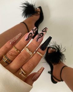 New Years Nail Designs, January Nails, Gold Nail, Nails White, Black Nail, Acrylic Nails Coffin Short, Fake Nail, Square Head, New Year's Nails