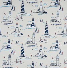 a blue and white wallpaper with lighthouses on it