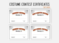 four halloween coup cards with the words, costume contest certificates and three different designs