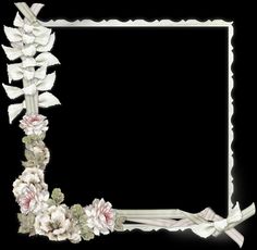 an old fashioned photo frame with flowers and ribbons around the edges on a black background