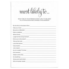 Funny Adult Party Game Printable Most Likely To... by LittleSizzle Most Likely To, Whos Most Likely To Questions, Most Likely To Questions, Question Games, Girls Birthday Party Games, Birthday Quiz, Adult Birthday Party Games, Newlywed Game, Questions For Friends