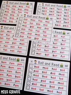 four different printable words and pictures for the word roll and read game, each with an individual's name