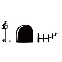 a black and white drawing of a mailbox next to a fence with a bird on it