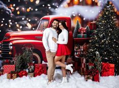 Christmas Theme Backdrop, Christmas Picture Background, Fireplace Photography, Vintage Red Christmas, Christmas Photo Backdrop, Red Christmas Truck, Truck Photo, Photo Backdrop Christmas, Spruce Trees