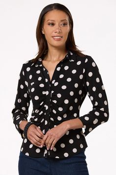 Get ready to look adorable in this stretchy style Plenty of polka dots those two shades we love together a classiccollared neckline and flatteringruched design are the details that make this button down darling with denim and a perfect match to our polka dot pants34 sleevesButton down front95 polyester 5 spandexMachine washImported Elegant Polka Dot Button-up Tops, Elegant Button-up Polka Dot Tops, Elegant Polka Dot Top With Buttons, Elegant Polka Dot Blouse With Buttons, Fitted Polka Dot Blouse For Work, Fitted Polka Dot Blouse With Button Closure, Fitted Ruched Button-up Blouse, Classic Fitted Polka Dot Tops, Elegant Fitted Polka Dot Top