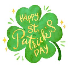 happy st patrick's day greeting card with green clover and stars on white background