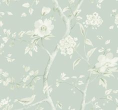 a wallpaper with white flowers and birds on it's branches, against a light green background