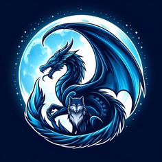 a blue dragon sitting on top of a moon with its tail curled in the air