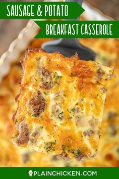 sausage and potato breakfast casserole on a spatula with text overlay that reads sausage and potato breakfast casserole