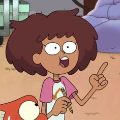 a cartoon character holding a pen and pointing to something in the air with her hand