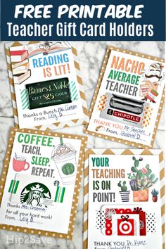 free printable teacher gift card holders with coffee, teacups and cactuses