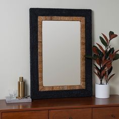 a mirror sitting on top of a wooden dresser next to a potted green plant