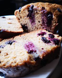 sliced blueberry bread on a white plate