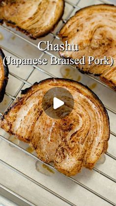 some food that is on a rack with the words chashu japanese braised pork