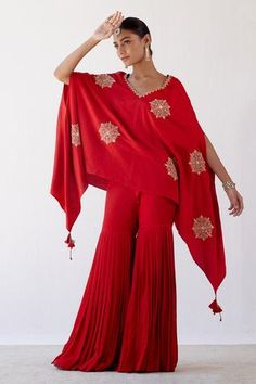 Shop for Devnaagri Cotton Silk Embroidered Cape And Sharara Set for Women Online at Aza Fashions Red Sharara, Sequin Cape, Embroidered Cape, Red Kurta, Red Cape, Dream Wedding Ideas Dresses, Capes For Women, Sharara Set, Sequins Embroidery