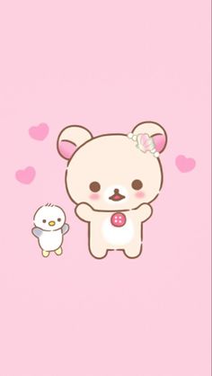 a white bear and a little bird on a pink background with hearts in the air