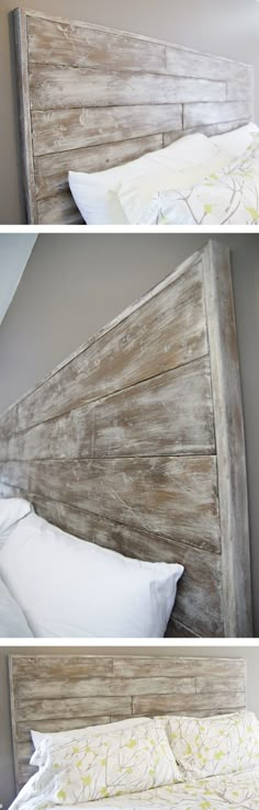 two pictures of a bed with white sheets and wood headboard, one is made from an old barn door