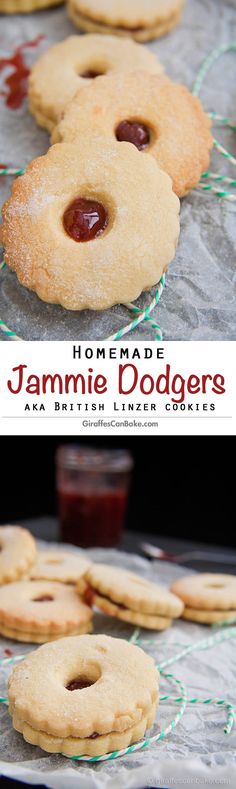 homemade jammie dodgers cookies on a baking sheet with the recipe title above it