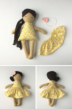 the doll is made from fabric and has black hair