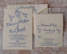 wedding stationery with blue ink on white paper