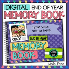 the end of year memory book with pictures and words on it's front cover