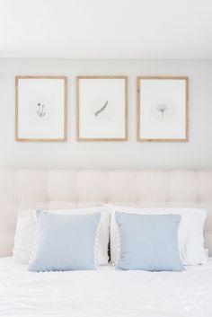 three framed pictures hang on the wall above a bed with white linens and blue pillows