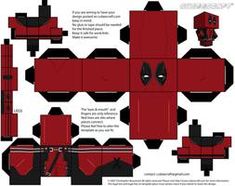 an origami deadpool paper model is shown in red and black with two swords