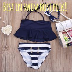 3pc Navy Striped Bikini Top Ties At The Base Of The Neck. Matching Headband Included. Striped Swimwear, Striped Tankini, Sailor Fashion, Swimming Outfit, Striped Swimsuit, Kids Swimwear, Tankini Swimsuits