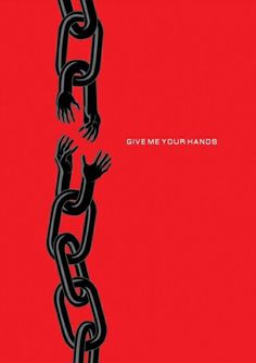 a red background with black chains and hands on the bottom right hand, in the middle