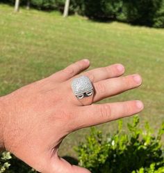 Men's Huge 23mm Super Iced Out Custom Dome Square Cluster | Etsy Silver Diamond Dome Ring With Polished Finish, Silver Signet Ring With Pave Setting For Anniversary, Silver Signet Ring With Pave Setting, Sterling Silver Iced Out Rings In Diamond White, Diamond White Iced Out Sterling Silver Ring, Silver Dome Ring With Pave Setting, Crystal Cake, Green Ring, Mens Gold Jewelry