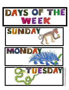 three days of the week with different animals and plants on them, including one monkey