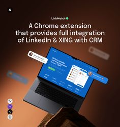 a laptop computer sitting on top of a wooden block with the caption'a chrome extension that provides full interaction of linkedin & xing with crm